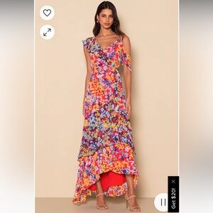 Lulus Radiant Ruby Red Floral Print Chiffon Maxi Dress
